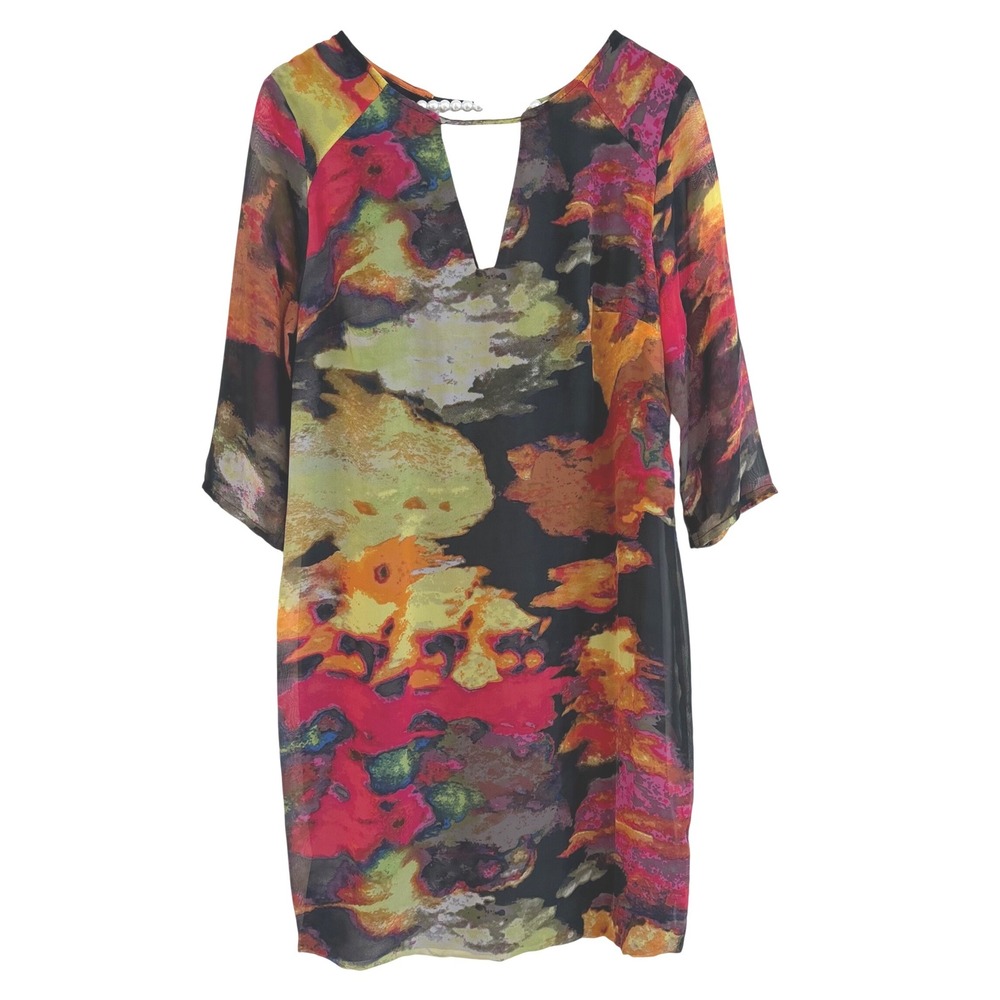 dressT Abstract Art Print V-Neck 3/4 Sheer Sleeve Shift Dress Bright Chic Size M